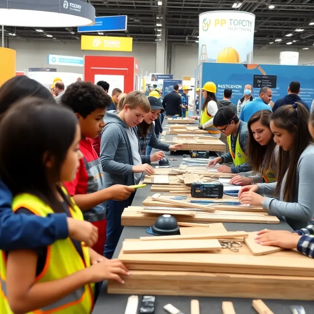 Students participating in construction activities at the Career Expo