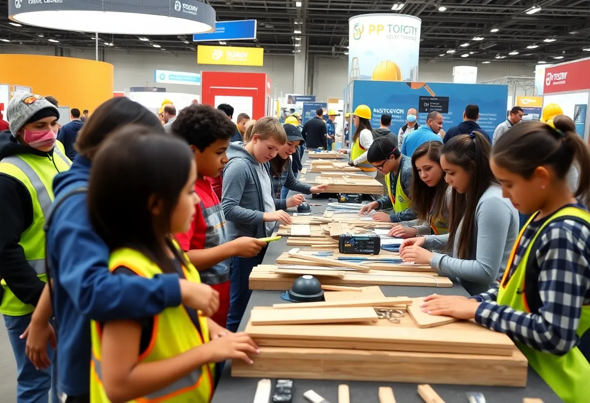Students participating in construction activities at the Career Expo