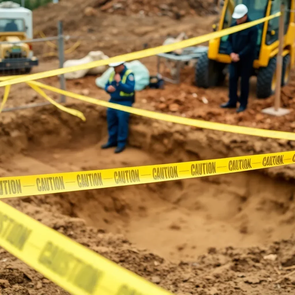 Construction site with caution tape marking an area of interest