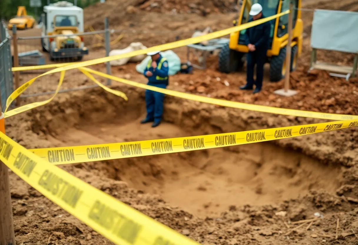 Construction site with caution tape marking an area of interest