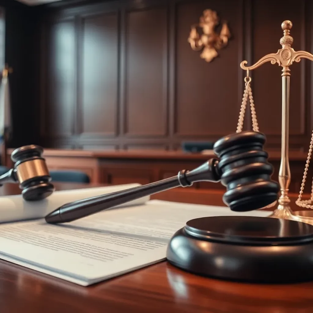 A scene depicting a courtroom focused on corporate fraud with a gavel and legal documents.