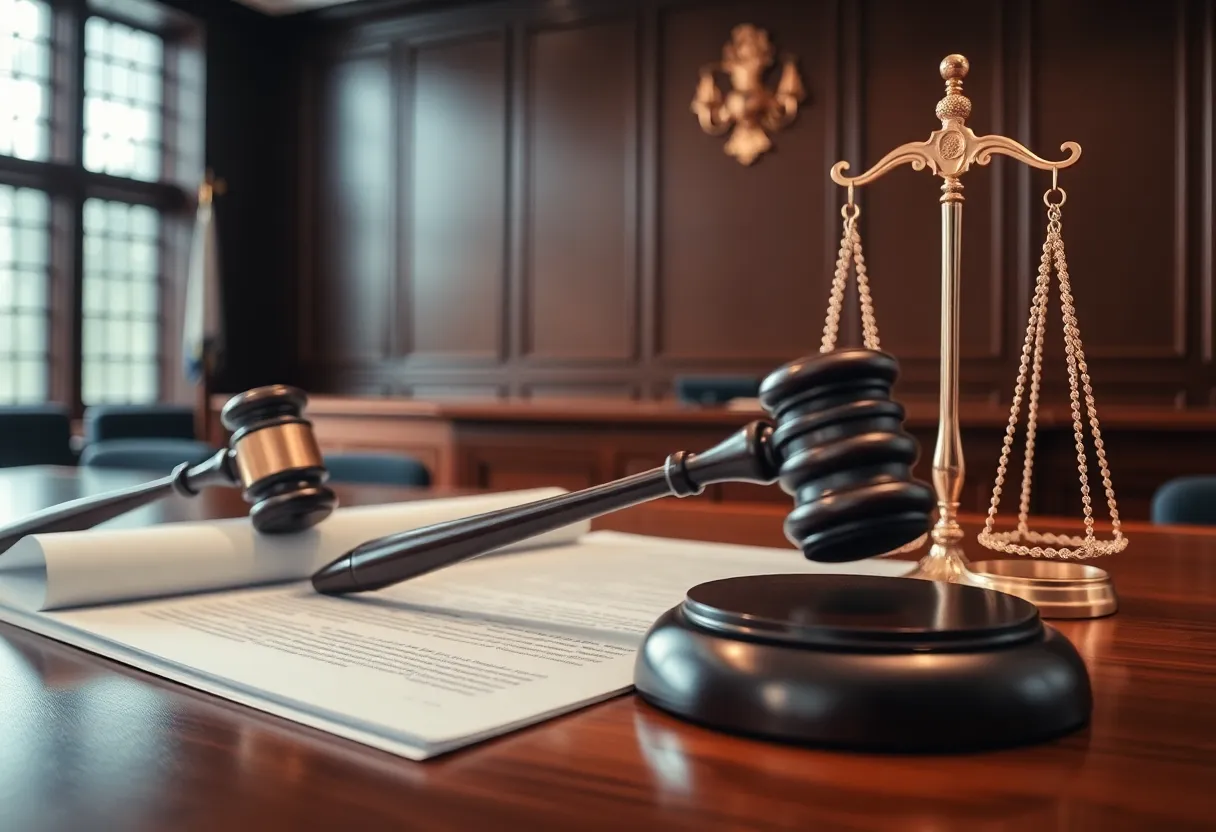 A scene depicting a courtroom focused on corporate fraud with a gavel and legal documents.