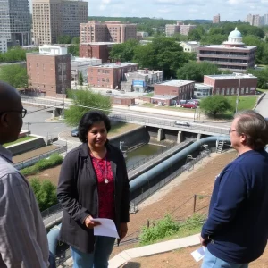 DeKalb County residents discussing water issues in front of local infrastructure.