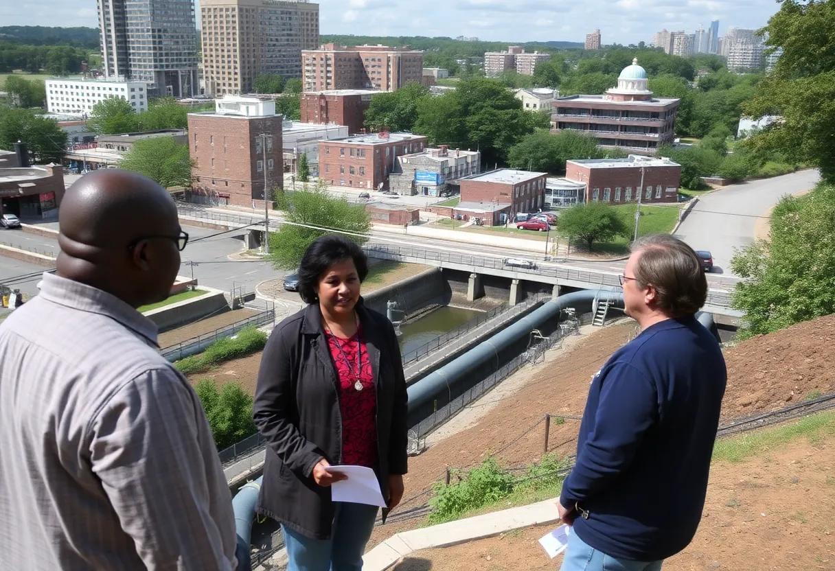 DeKalb County residents discussing water issues in front of local infrastructure.
