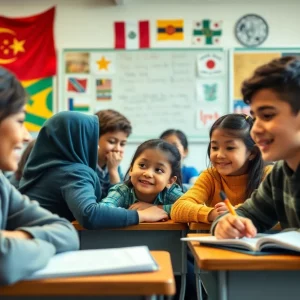 A classroom filled with students from various cultural backgrounds learning together.