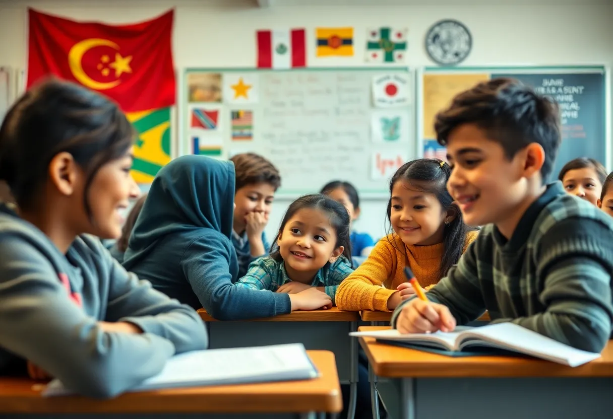 A classroom filled with students from various cultural backgrounds learning together.