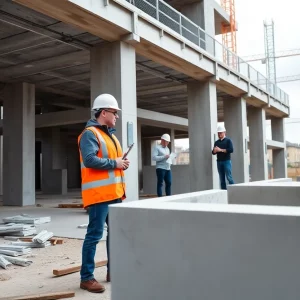 Engineers discussing DTFC designs on a construction site with precast concrete elements.