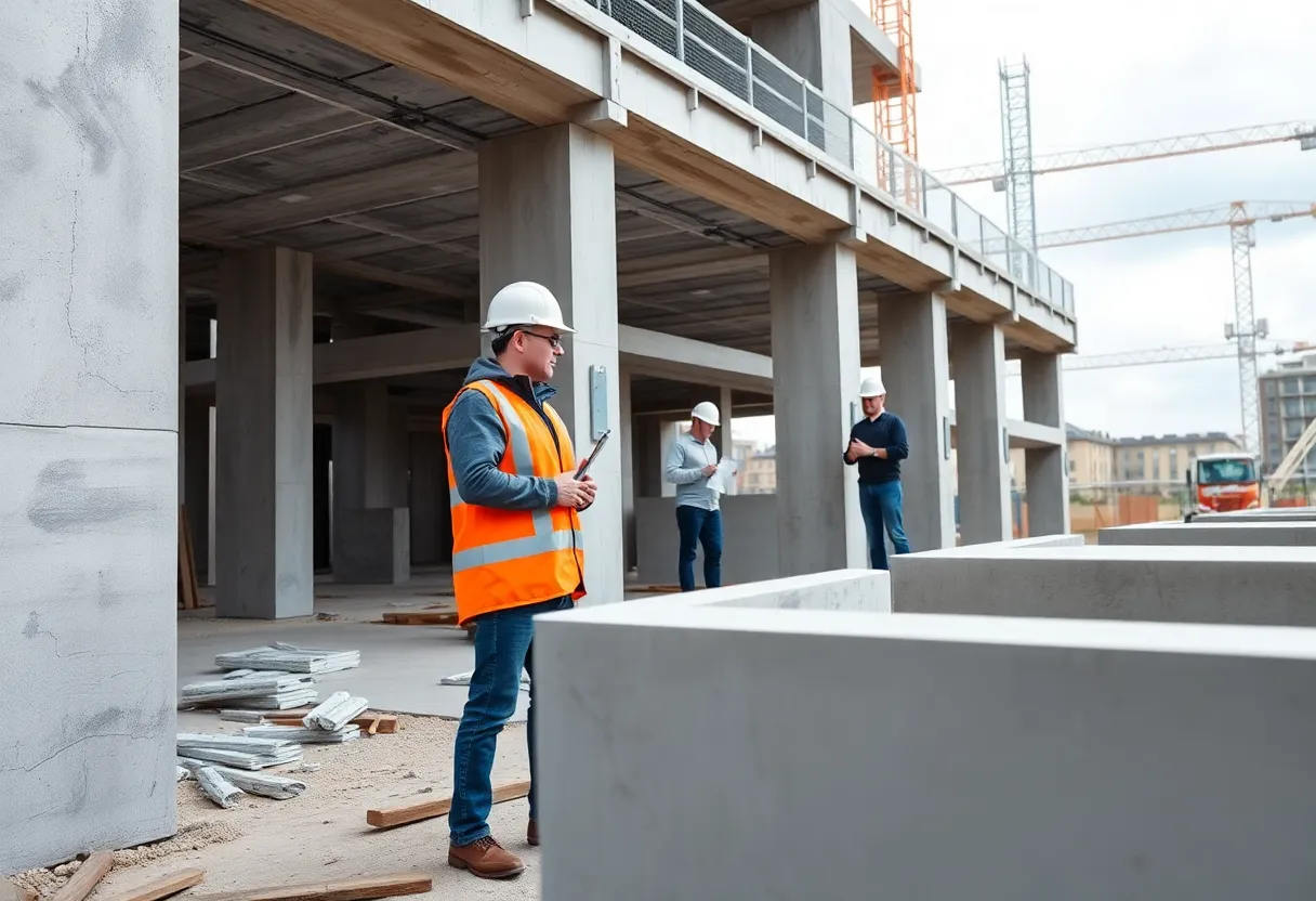 Engineers discussing DTFC designs on a construction site with precast concrete elements.