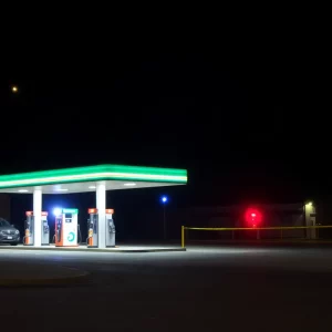 Scene of a gas station at night with police activity