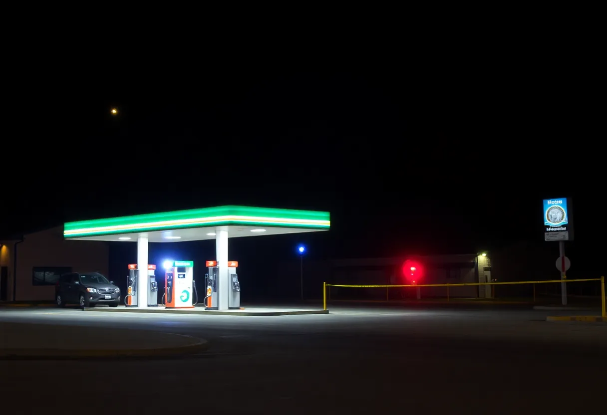 Scene of a gas station at night with police activity