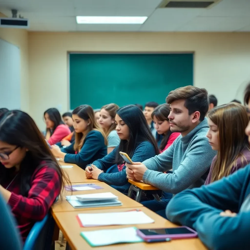 Students learning in a classroom without cell phones