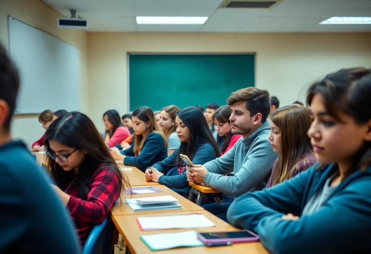 Students learning in a classroom without cell phones