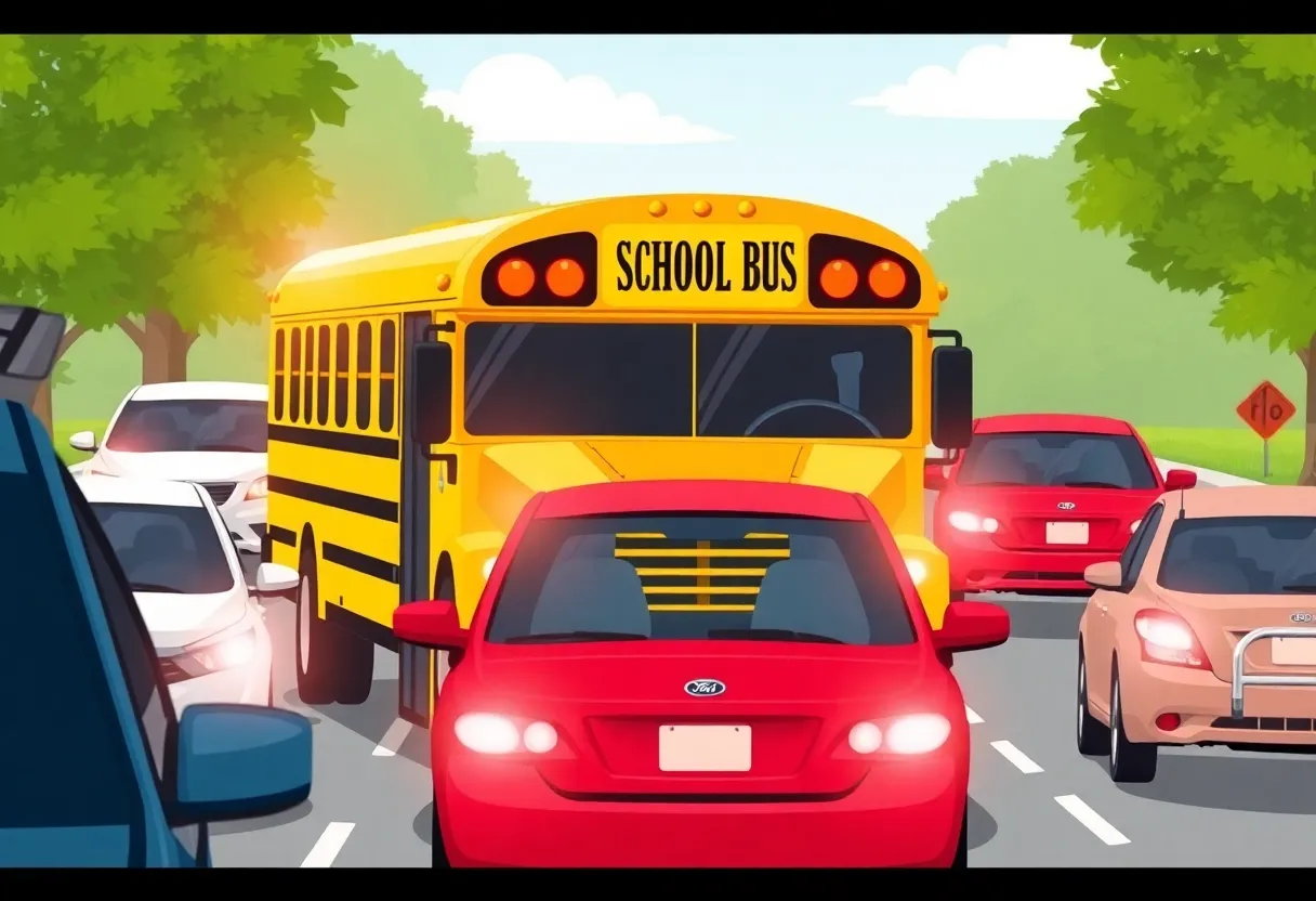 Illustration of a school bus with flashing lights, surrounded by vehicles stopping.