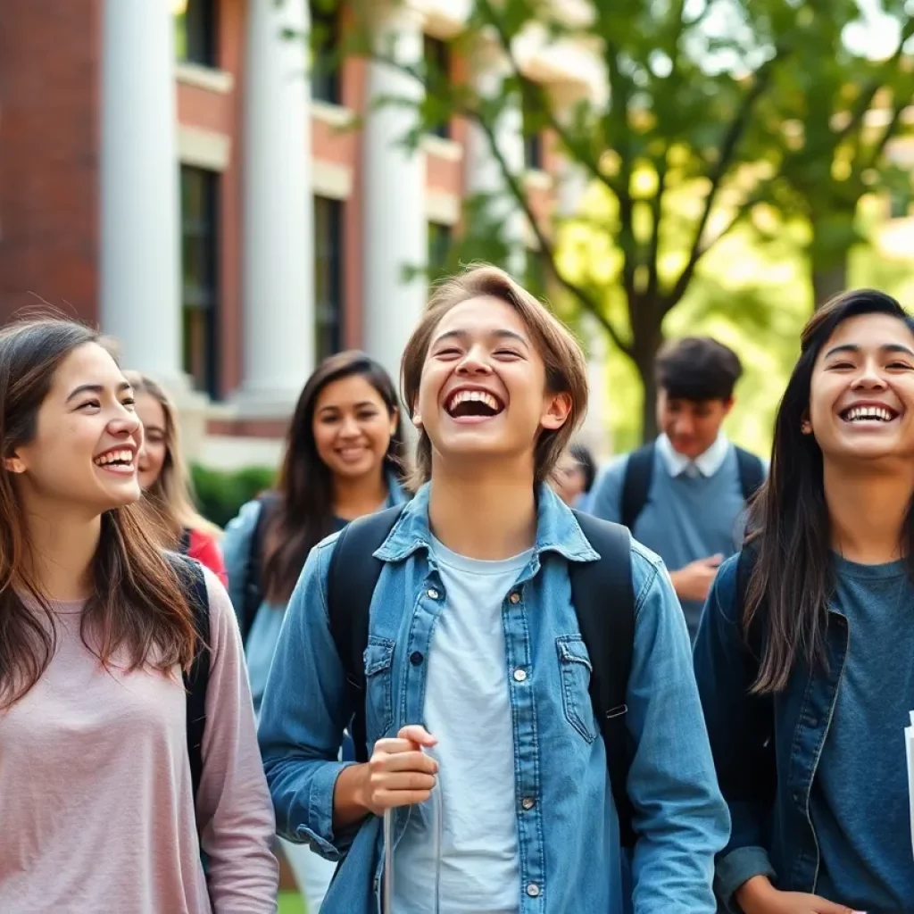 Students reacting to college admission news on campus