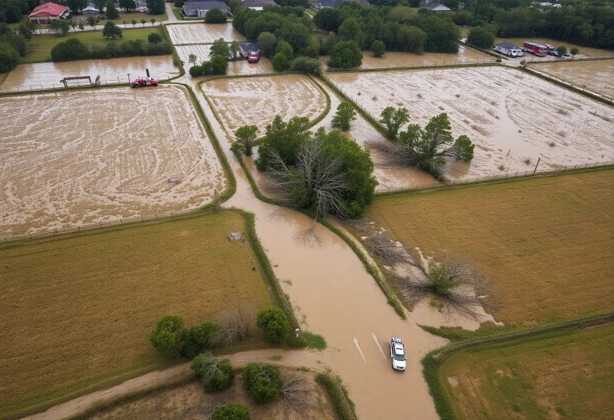 Rural Georgia landscape showing flooding and debris after Hurricane Helene