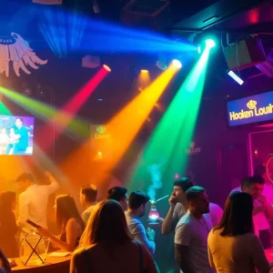Interior of Lux Cafe with patrons enjoying hookah and Afrobeat music