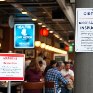 Patrons dining in a metro Atlanta restaurant with health inspection signage visible.