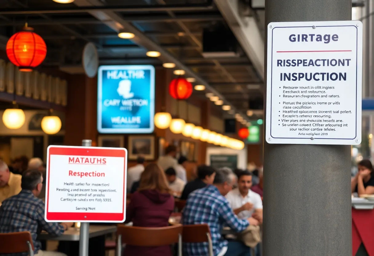 Patrons dining in a metro Atlanta restaurant with health inspection signage visible.