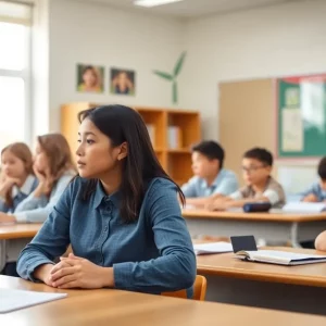 Teachers and students in a classroom equipped with mobile panic buttons for safety