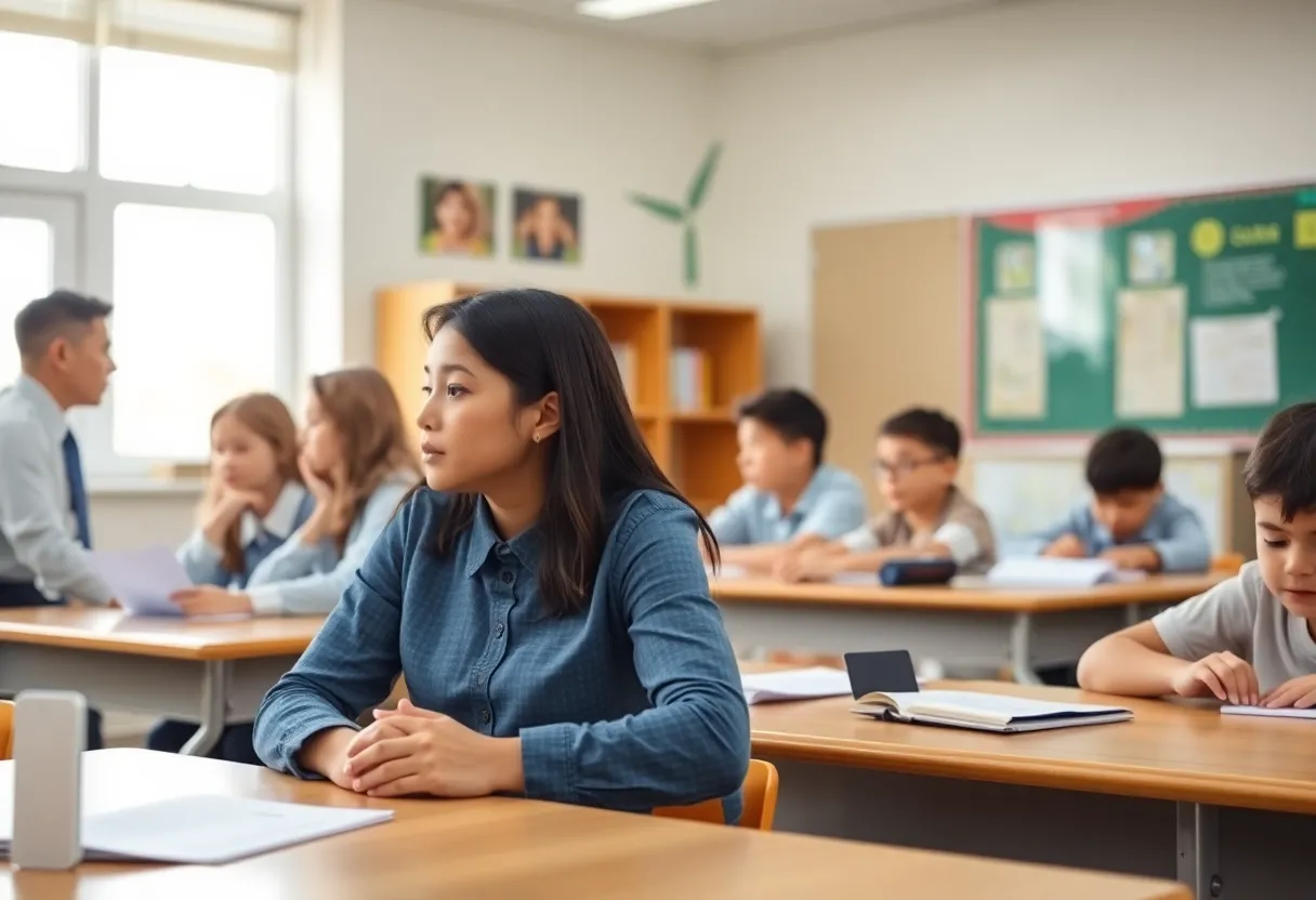 Teachers and students in a classroom equipped with mobile panic buttons for safety