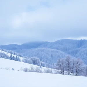 Snow-covered mountains and trees in North Georgia under a winter sky