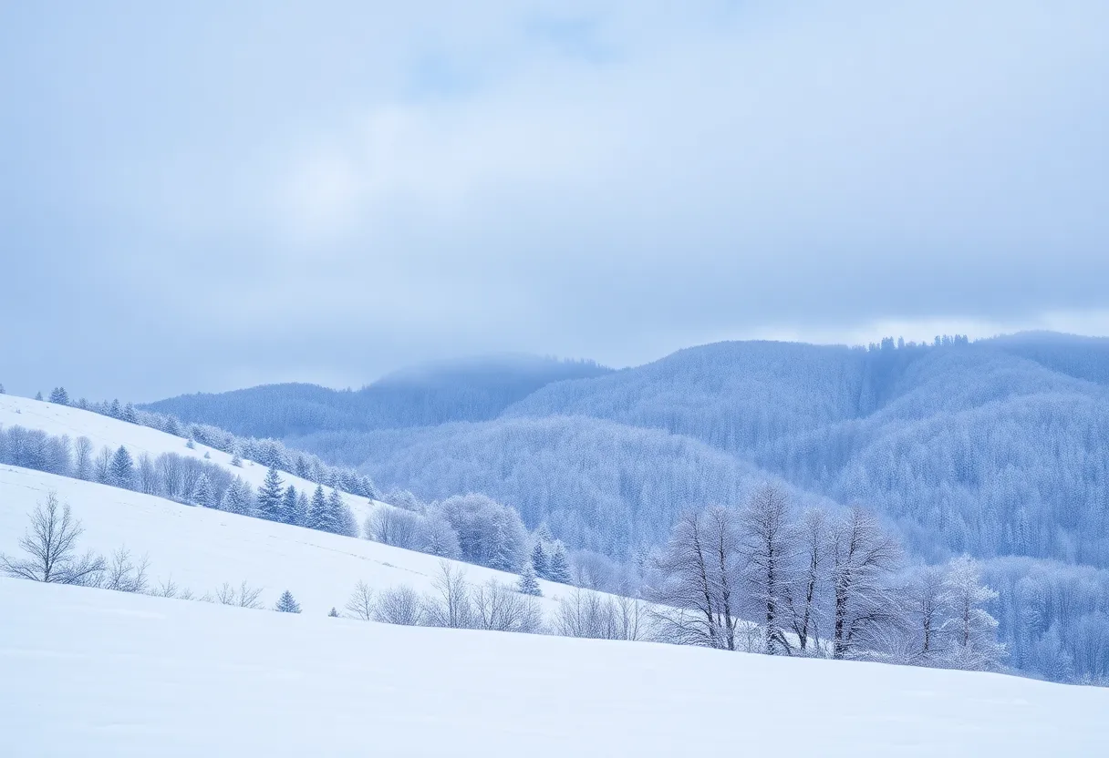 Snow-covered mountains and trees in North Georgia under a winter sky