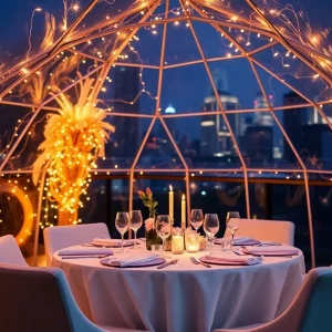 A cozy igloo dining setup in Atlanta with city views for Valentine's Day