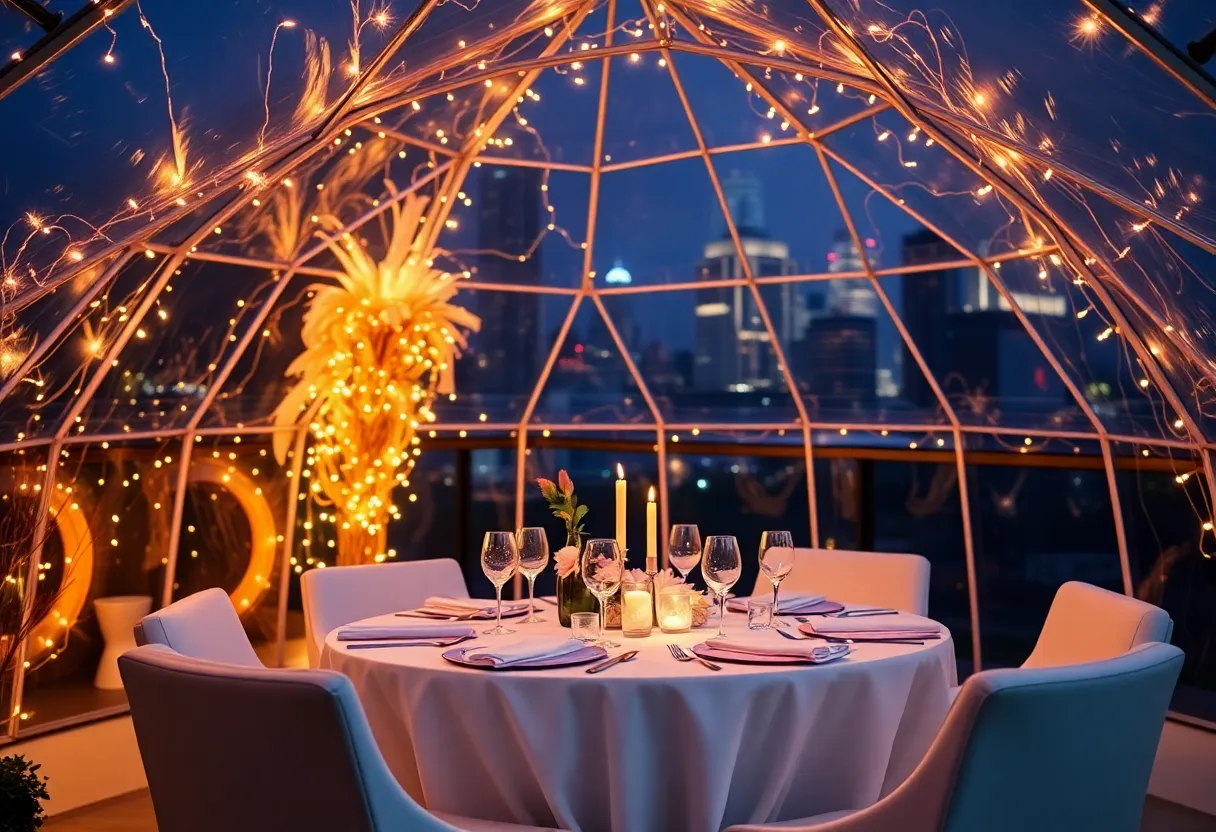 A cozy igloo dining setup in Atlanta with city views for Valentine's Day