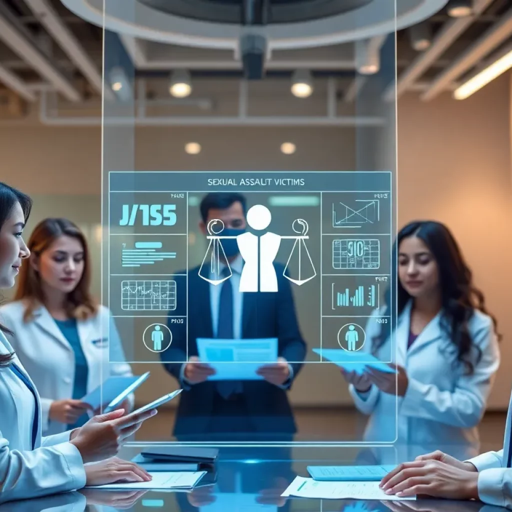 Illustration of a sexual assault kit tracking system with diverse professionals collaborating.