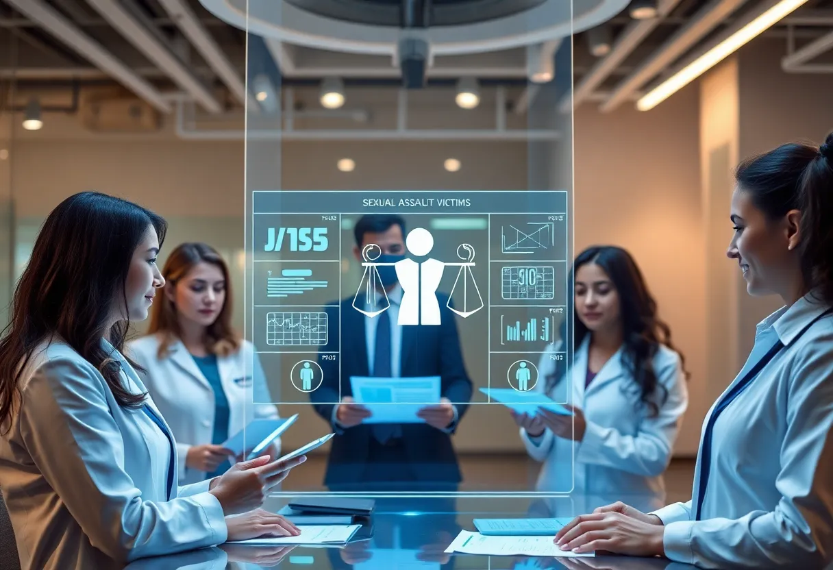Illustration of a sexual assault kit tracking system with diverse professionals collaborating.