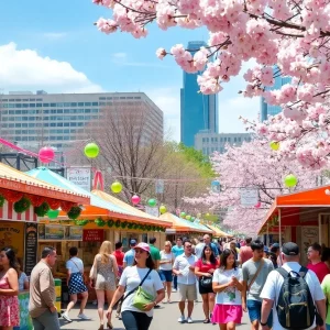 People enjoying various spring festivals in Atlanta with colorful decorations and food stalls.