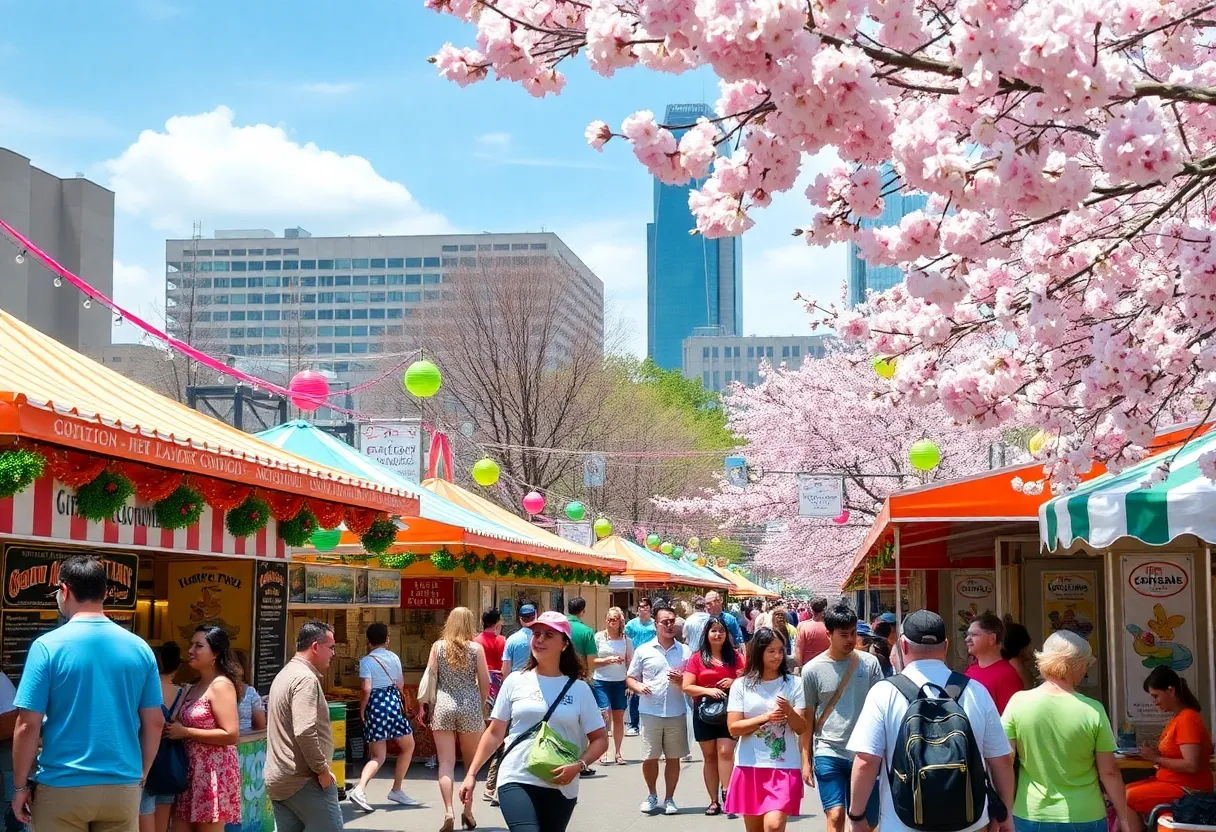 People enjoying various spring festivals in Atlanta with colorful decorations and food stalls.