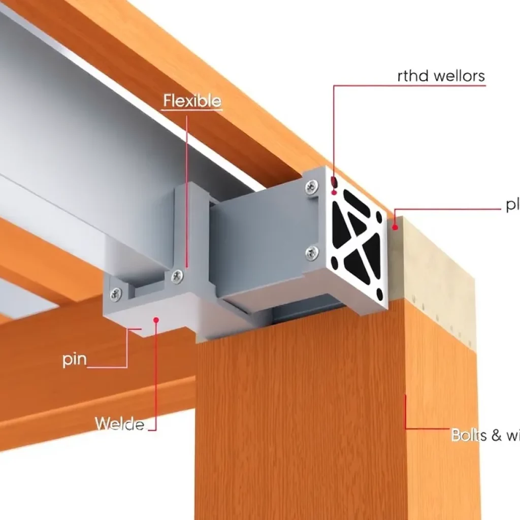 Illustration of various structural connections including rigid, flexible, pin, welded, and bolted designs