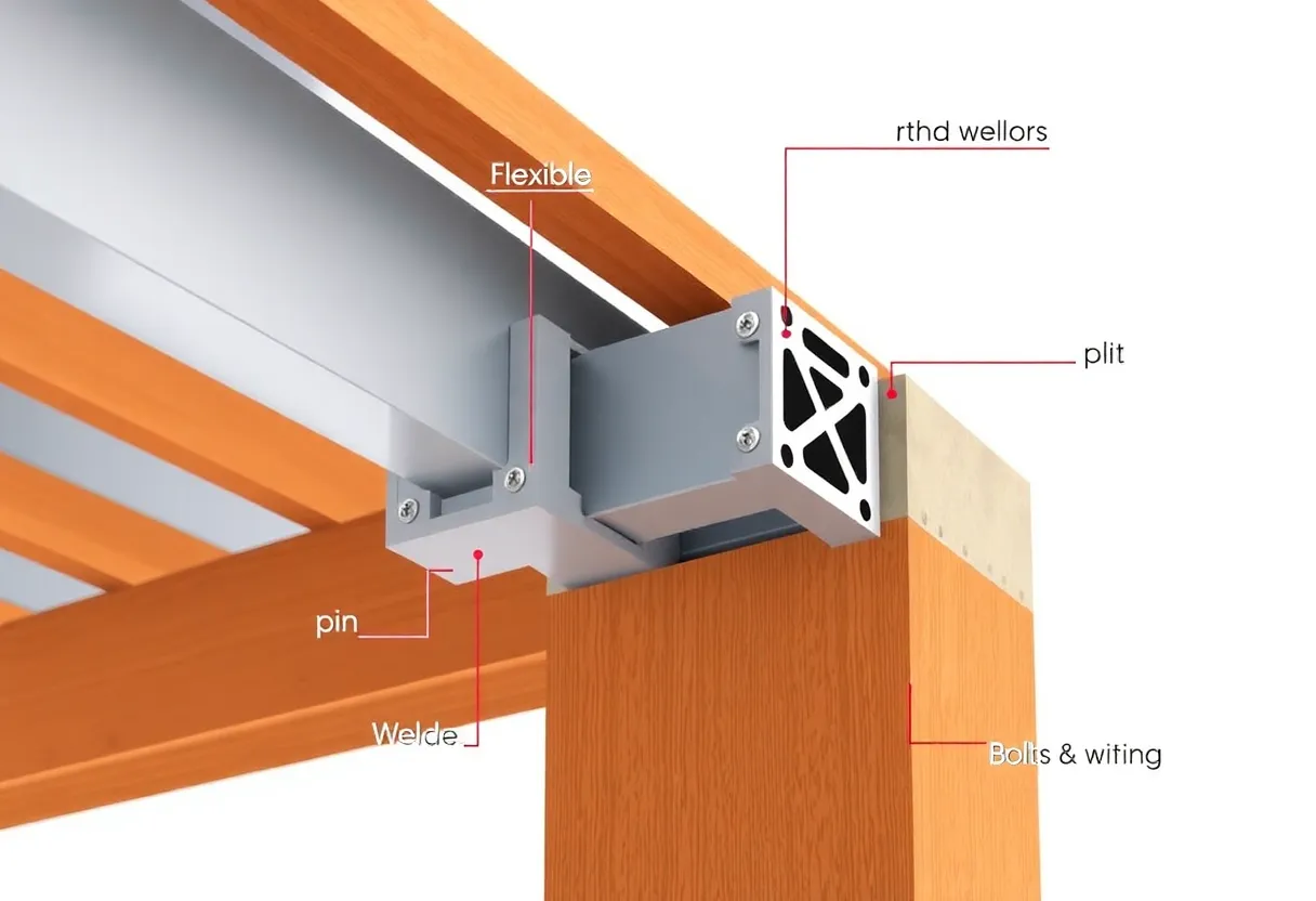 Illustration of various structural connections including rigid, flexible, pin, welded, and bolted designs