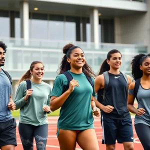 Diverse student-athletes training on campus