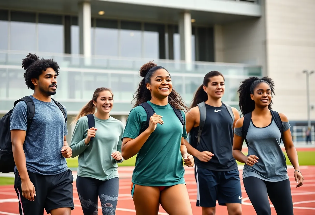 Diverse student-athletes training on campus