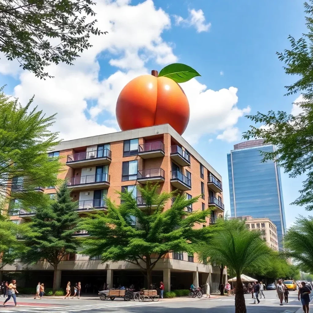The Peach apartment building in Atlanta with a peach sculpture