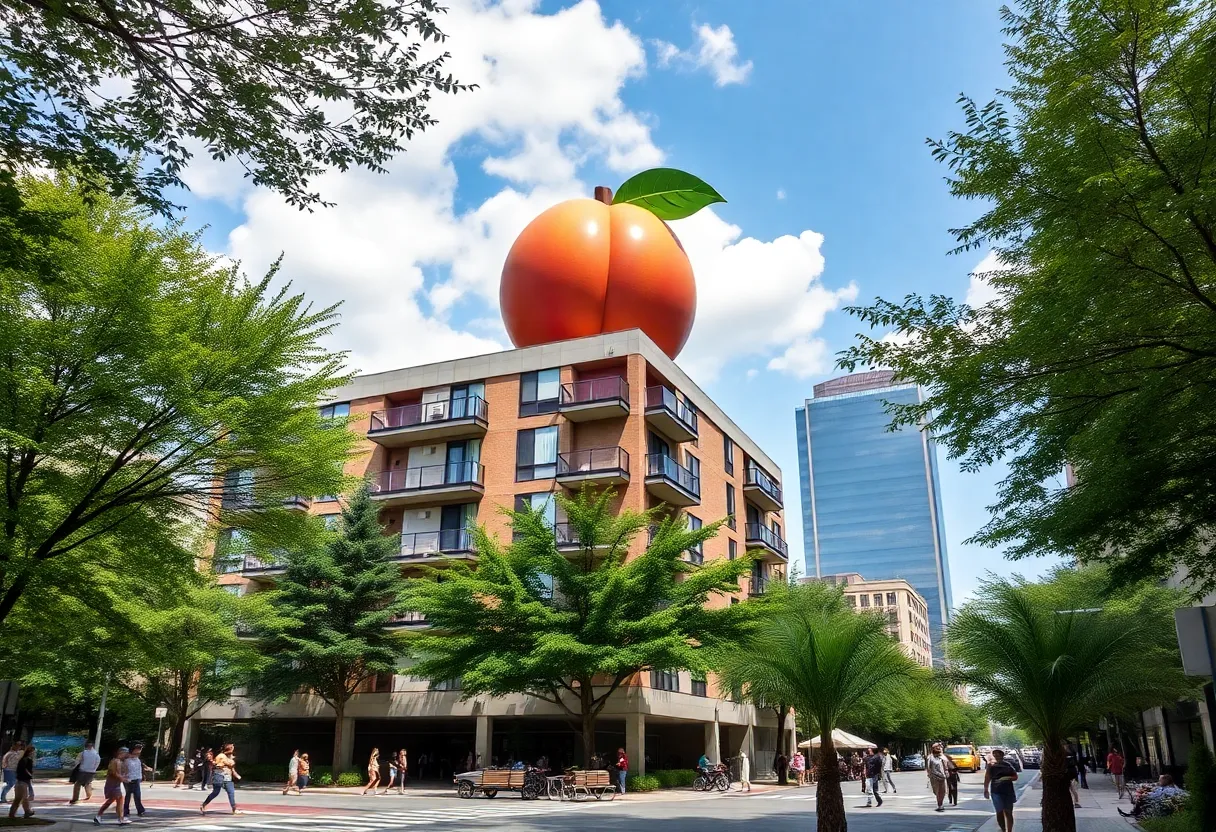 The Peach apartment building in Atlanta with a peach sculpture