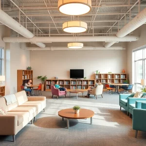 Interior of The Well wellness center at Benjamin E. Mays High School, showcasing a tranquil atmosphere with soft colors and comfortable seating.