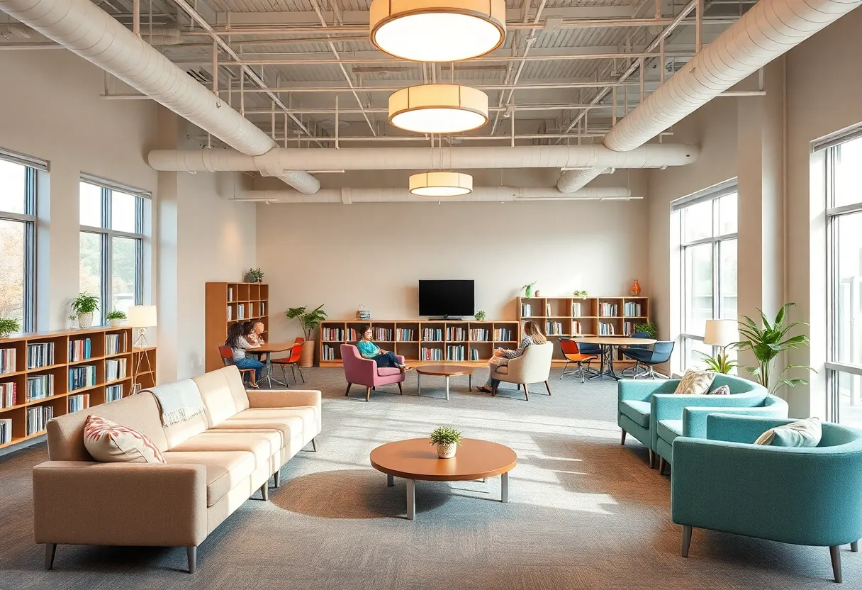 Interior of The Well wellness center at Benjamin E. Mays High School, showcasing a tranquil atmosphere with soft colors and comfortable seating.