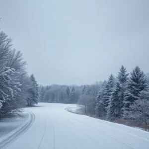 A winter landscape showing snow-covered trees and falling snow.