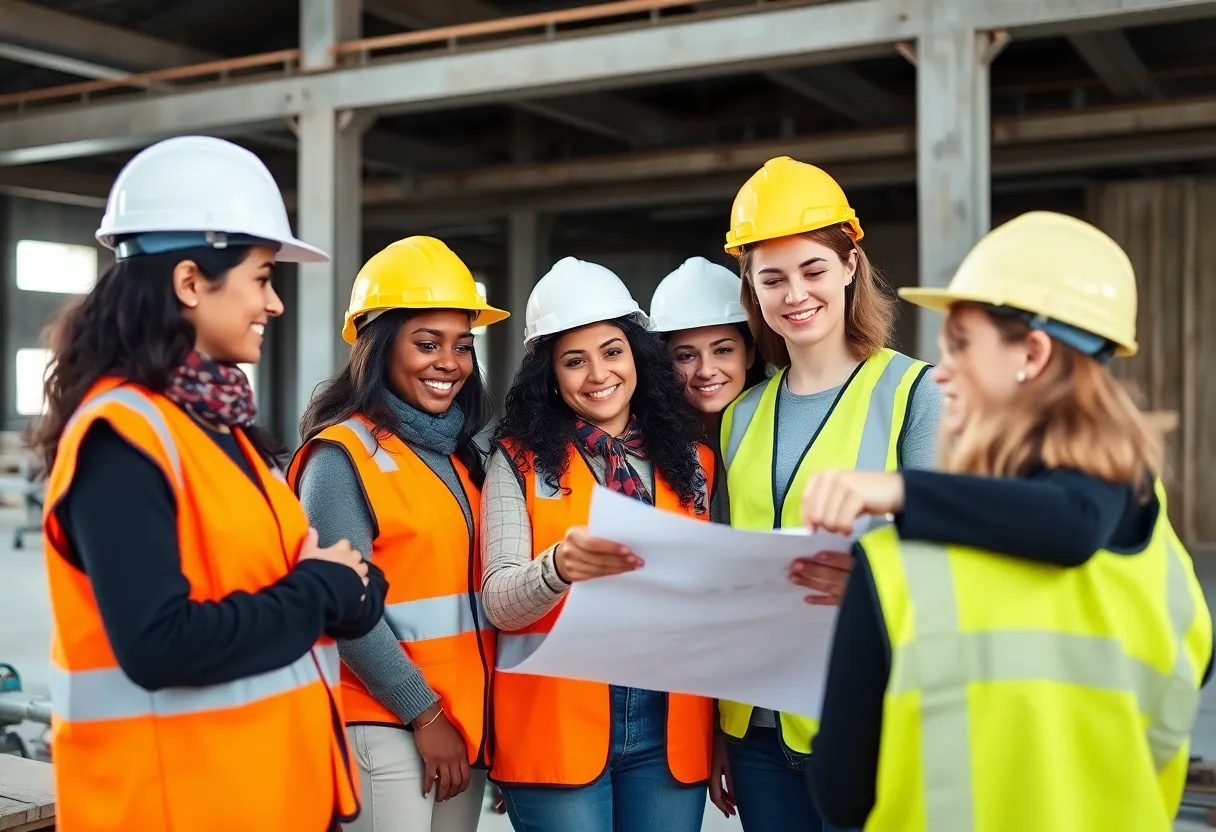Diverse women collaborating on a construction project