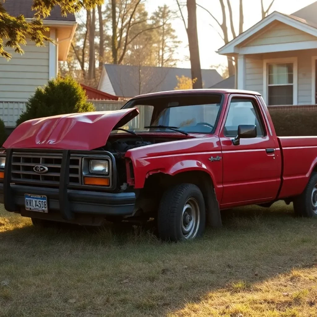 Wrecked red pickup truck in front yard of Atlanta homes.