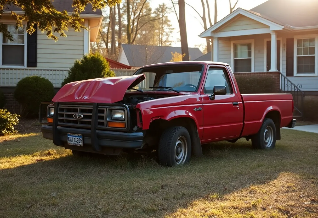 Wrecked red pickup truck in front yard of Atlanta homes.