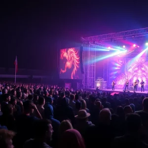 Crowd at a music festival cheering for a hip-hop performance