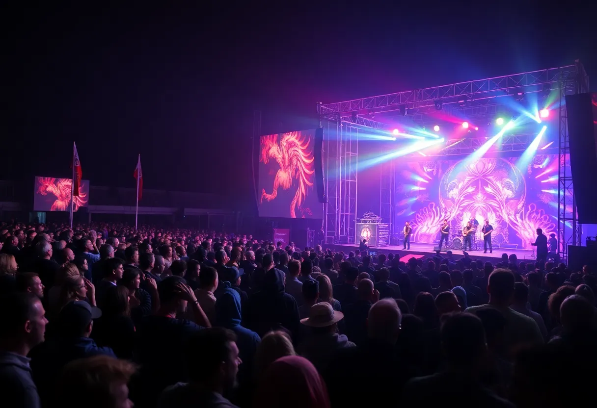 Crowd at a music festival cheering for a hip-hop performance