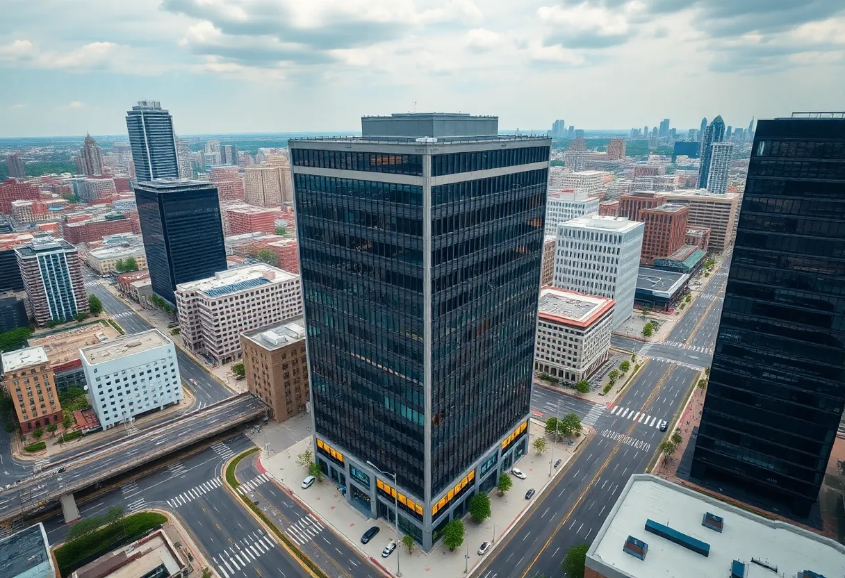Aerial view of 55 Allen Plaza, a 14-story office building in downtown Atlanta.