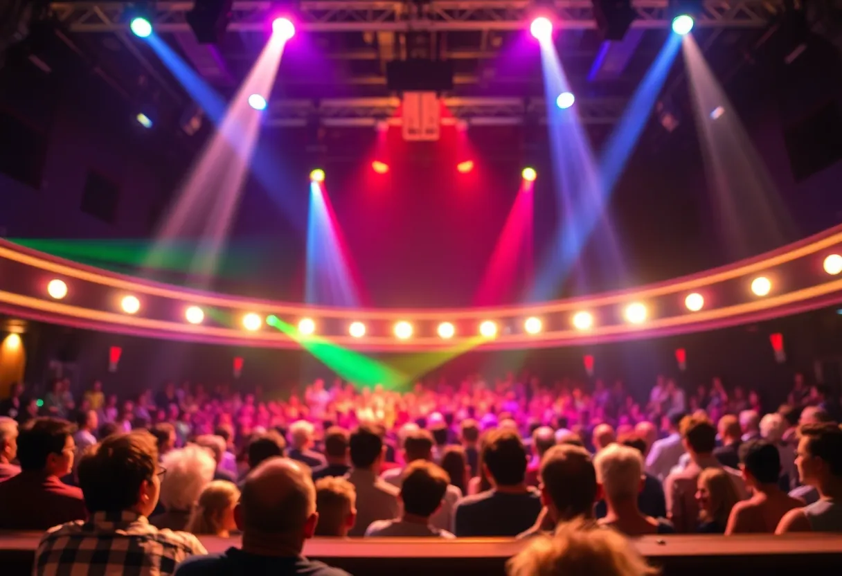 Theater performance scene with nostalgic themes from the 70s and 80s