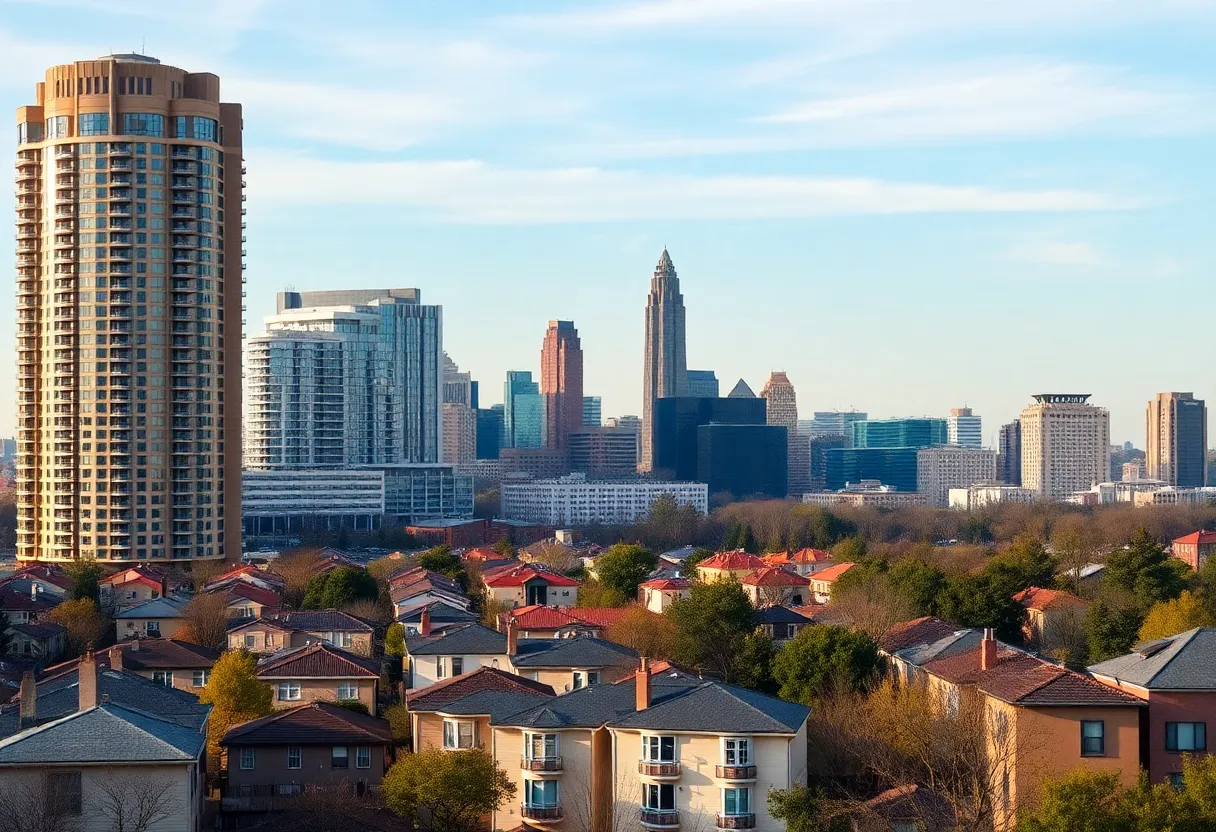 Aerial view of Atlanta showing affordable housing units contrasted with luxury apartments.