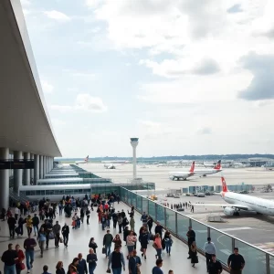 Aerial view of Hartsfield-Jackson Atlanta International Airport with busy terminals and aircrafts.